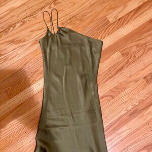 Rich Olive Green Asymmetrical One-Shoulder Slip Long Dress - Size XS
